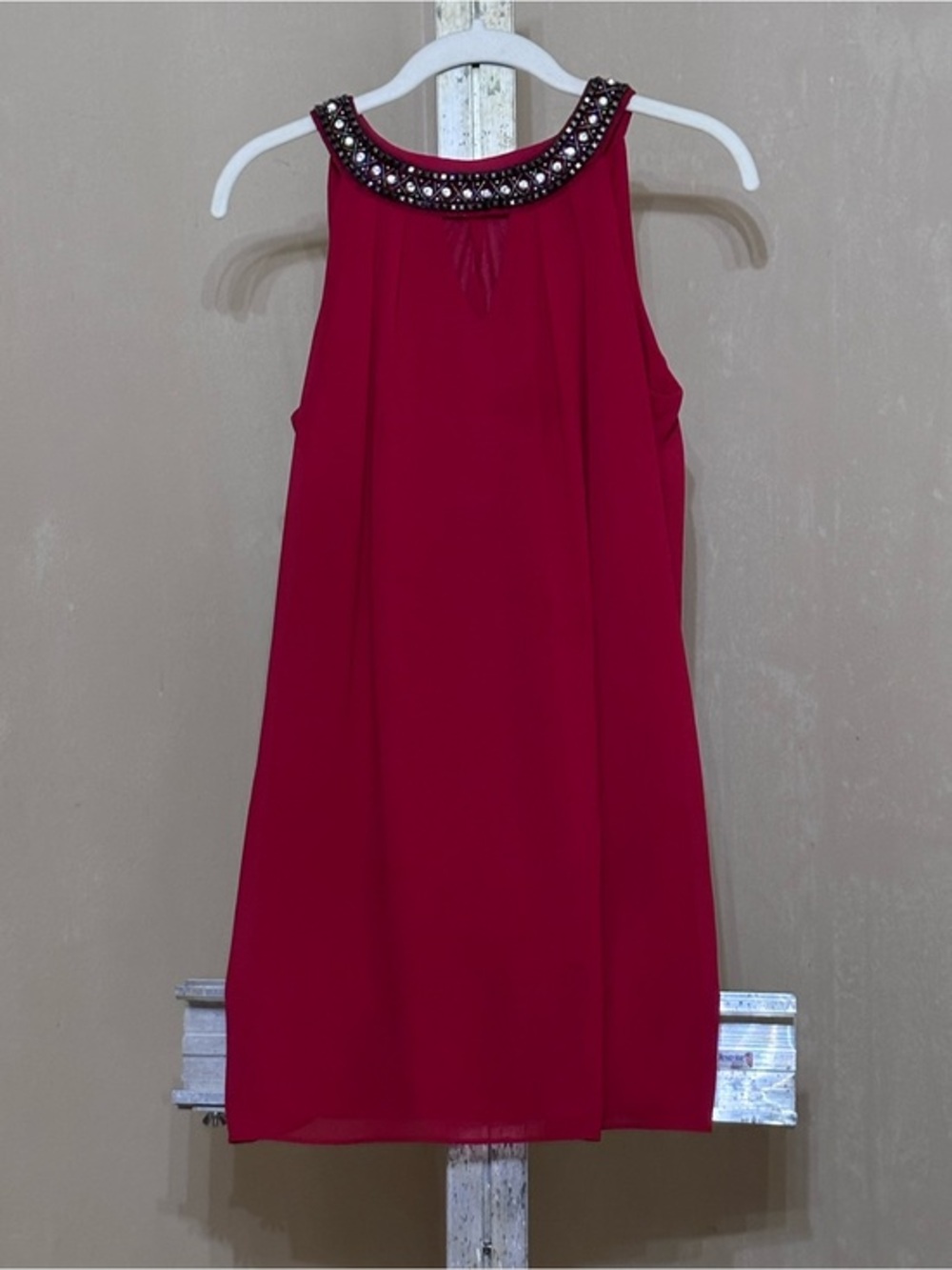 Title: BCX Red Flowy Halter Dress with Beaded Neckline – Size S